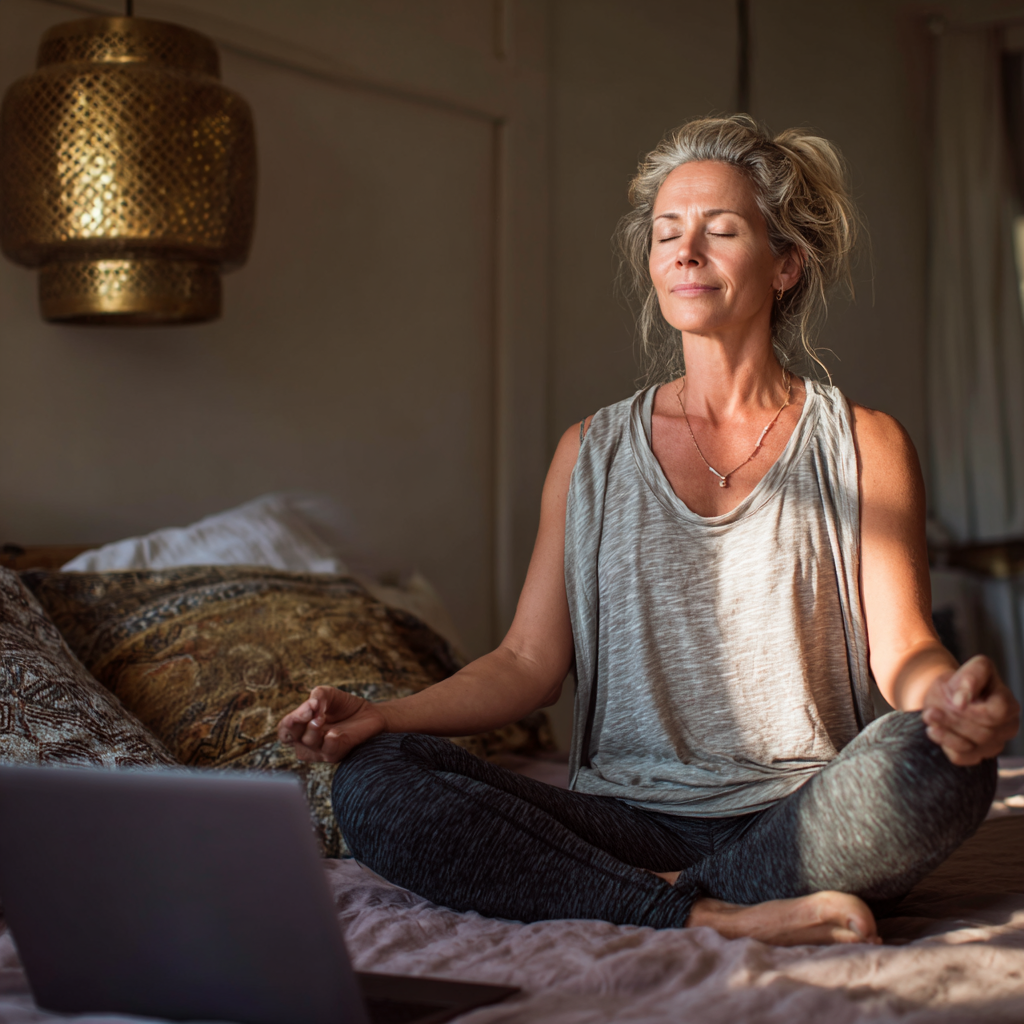 Жена на 52 години практикува йога онлайн от дома си чрез nekraline платформата