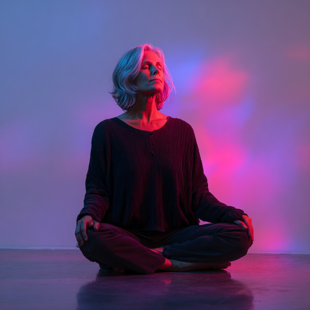 Жена на 55 години в медитативна поза в студио nekraline, заобиколена от мека аура светлина