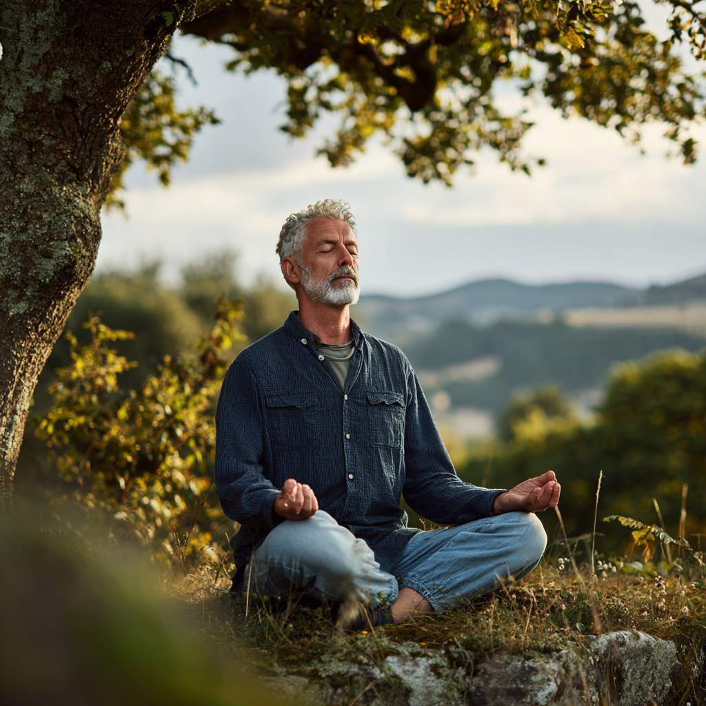 Мъж на 58 години в медитация на открито, заобиколен от природа, демонстрира философията на nekraline