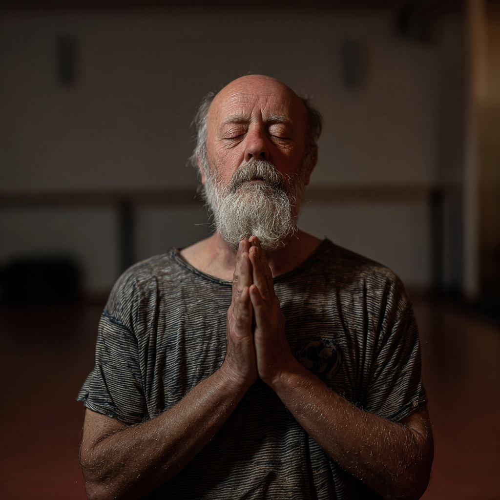 Мъж на 60 години практикува пранаяма техники в тихо кътче на nekraline студио